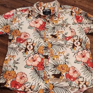 Hot Topic Cream Floral & Corgi Print Button-Down Shirt